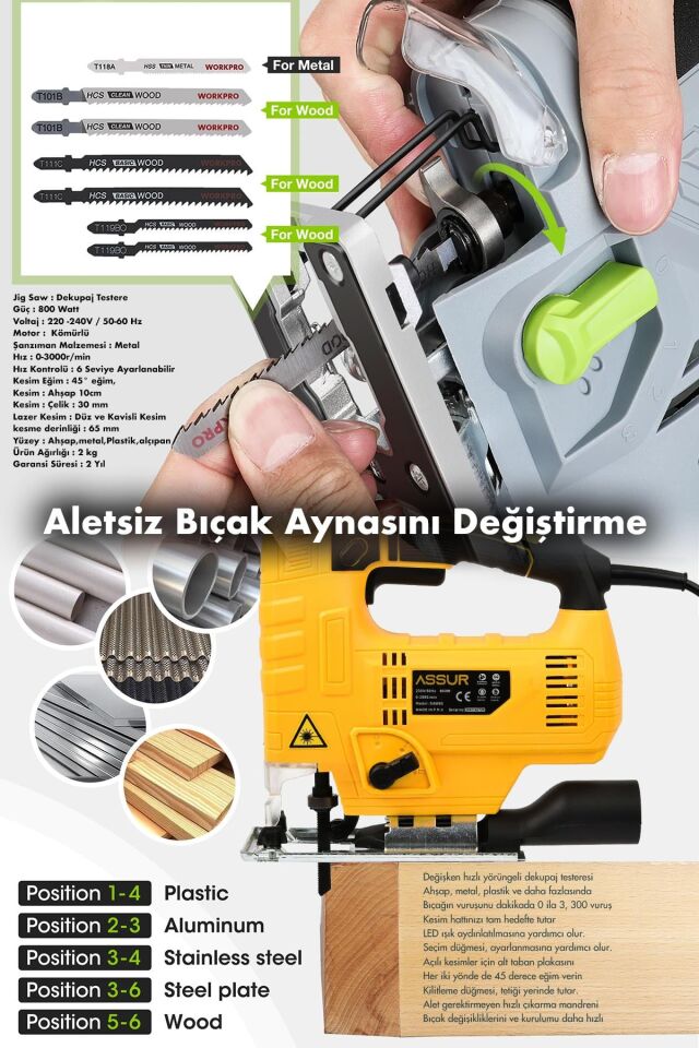 Assur Bakır Sargılı 800 W Professional Devir Ayarlı Dekupaj Bıçkı Testere Makinası Sarı