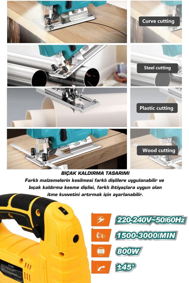 Assur Bakır Sargılı 800 W Professional Devir Ayarlı Dekupaj Bıçkı Testere Makinası Sarı