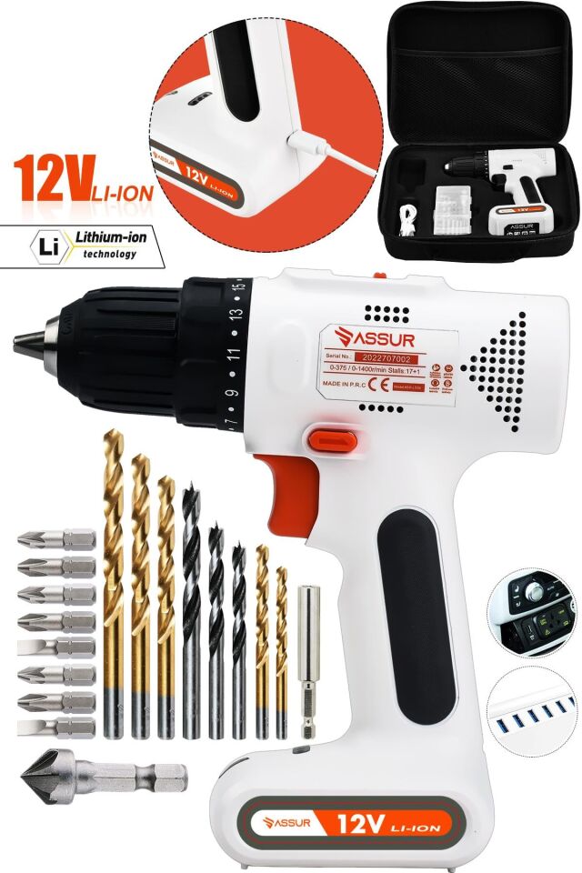 Assur 12V Dahili Batarya Type-C USB Şarjlı Matkap Akülü Vidalama