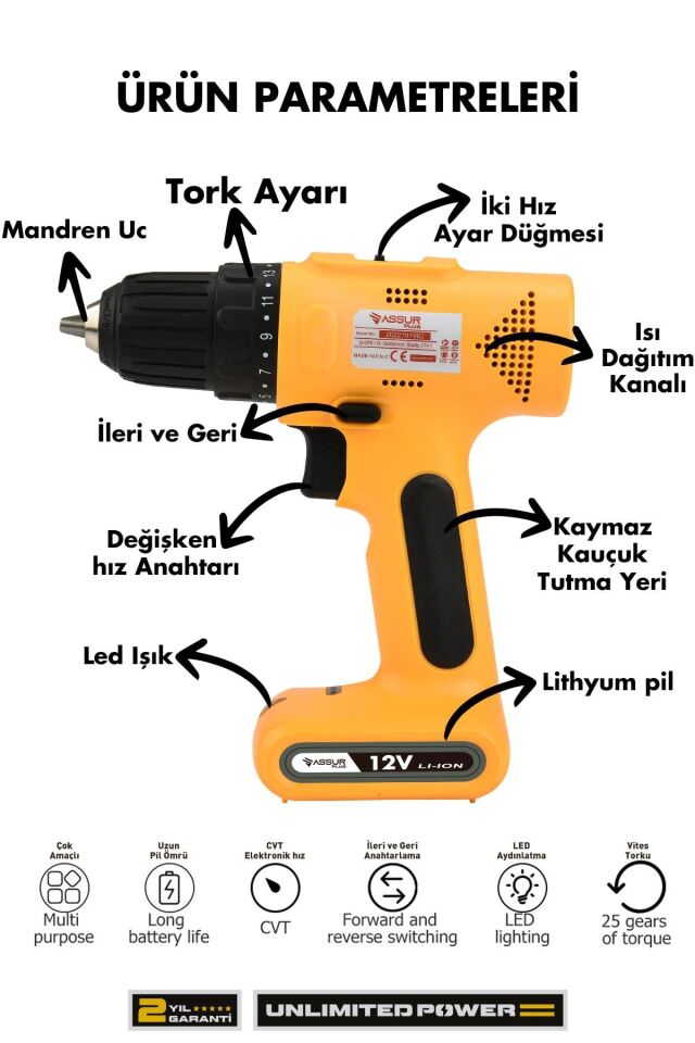 Assur 12V Type-C USB Şarjlı Matkap Dahili Batarya Akülü Vidalama