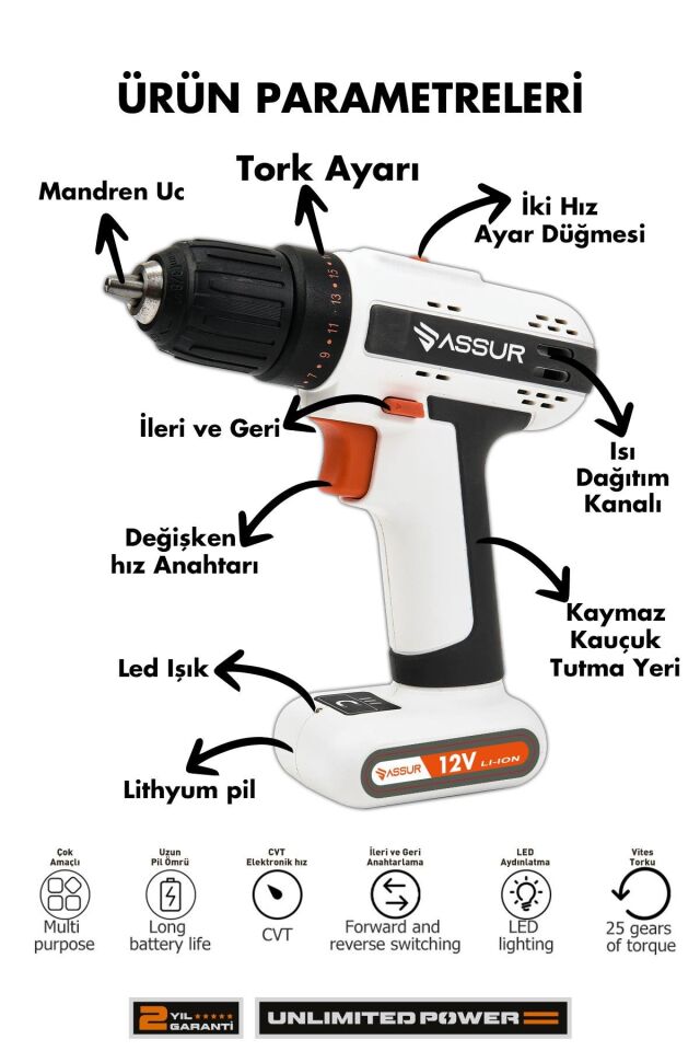 Assur 12V Dahili Batarya Şarjlı Matkap Akülü Vidalama