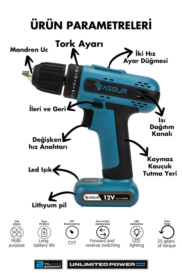 Assur 12V Dahili Batarya Şarjlı Matkap Akülü Vidalama