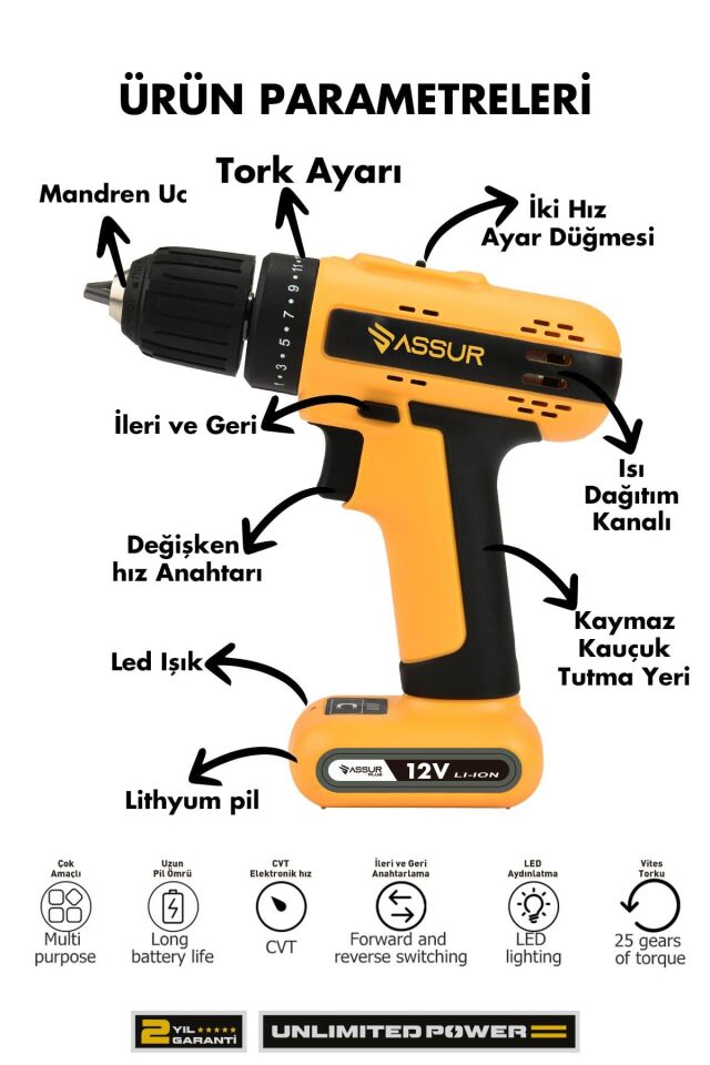 Assur 12V Dahili Batarya Şarjlı Matkap Akülü Vidalama