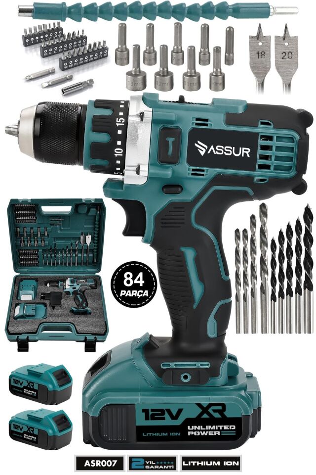 Assur 12V Çift Akülü Metal Şanzıman Bakır Sargılı Şarjlı Matkap Vidalama