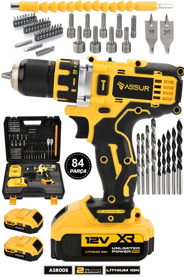 Assur 12V Çift Akülü Vidalama Metal Şanzıman Bakır Sargılı Şarjlı Matkap