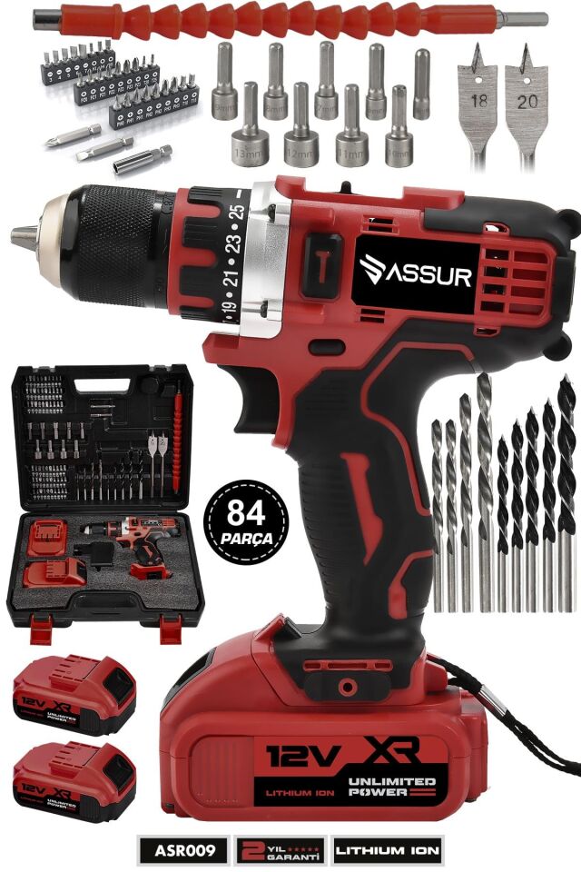 Assur 12V Çift Akülü Vidalama Metal Şanzıman Bakır Sargılı Şarjlı Matkap