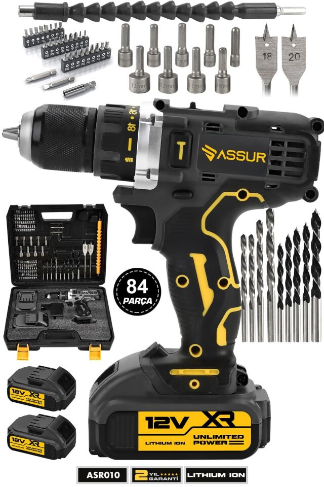 Assur 12V Çift Akülü Şarjlı Matkap Metal Şanzıman Bakır Sargılı Akülü Vidalama