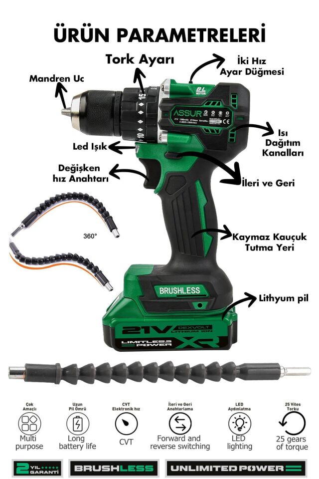 Assur 21V Bakır Sargı Kömürsüz Motor Çelik Mandren Darbeli Şarjlı Matkap Akülü Vidalama