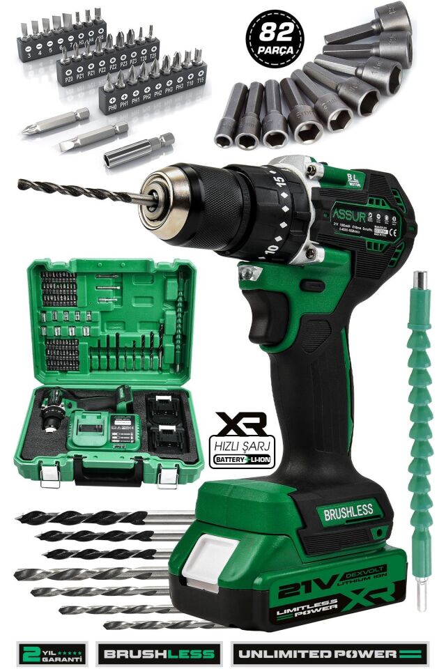 Assur 21V Bakır Sargı Kömürsüz Motor Çelik Mandren Darbeli Şarjlı Matkap Akülü Vidalama