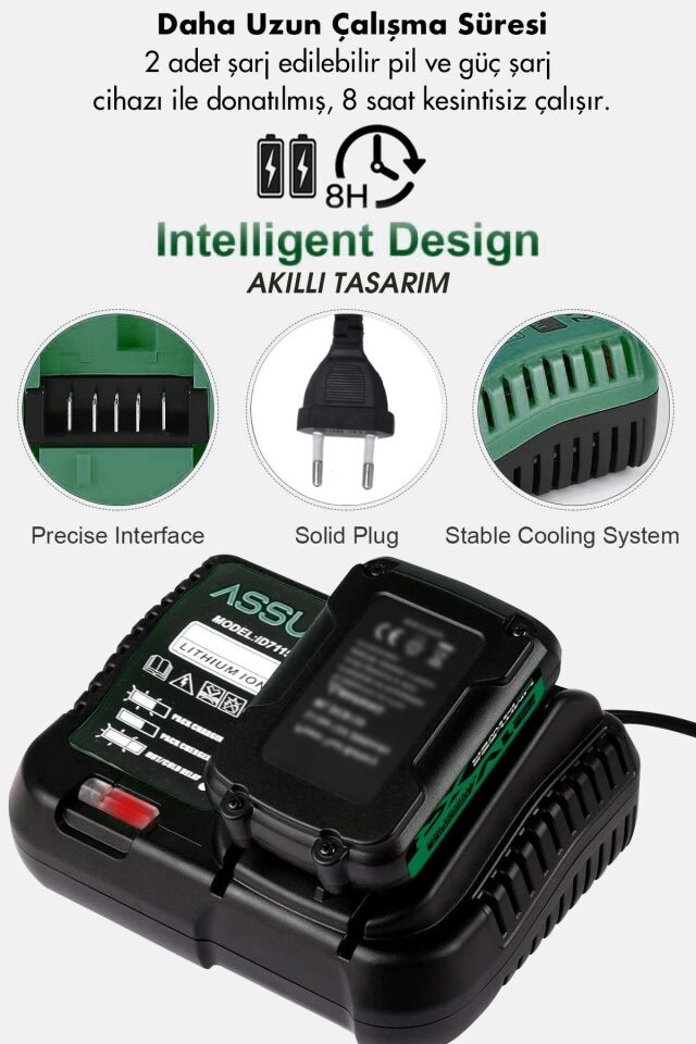 Assur 21V Bakır Sargı Kömürsüz Motor Çelik Mandren Darbeli Şarjlı Matkap Akülü Vidalama
