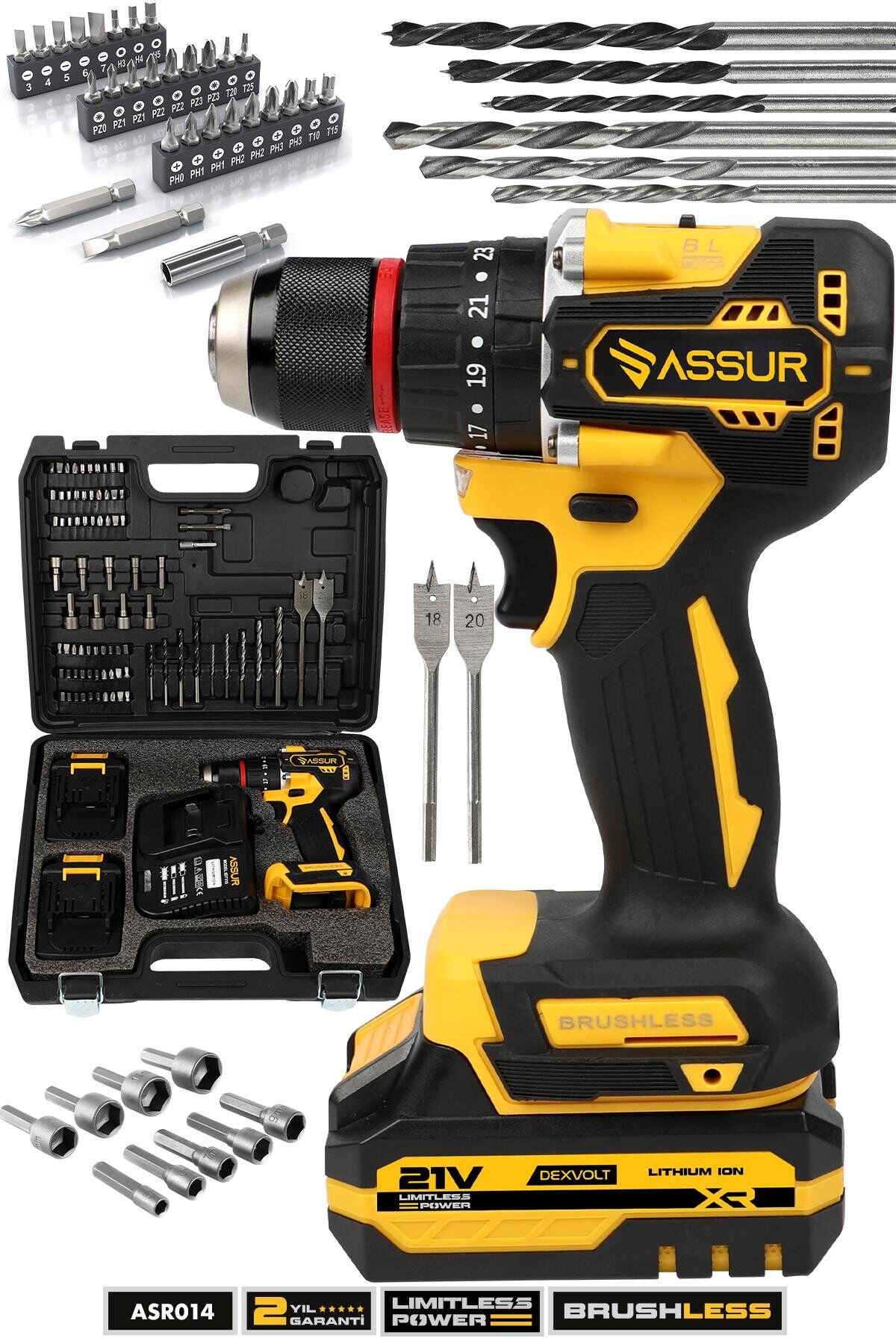 Assur 21V Bakır Sargı Kömürsüz Motor Çelik Mandren Darbeli Şarjlı Matkap Akülü Vidalama