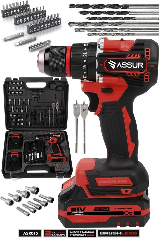 Assur 21V Şarjlı Matkap Kömürsüz Motor Çelik Mandren Darbeli Akülü Vidalama