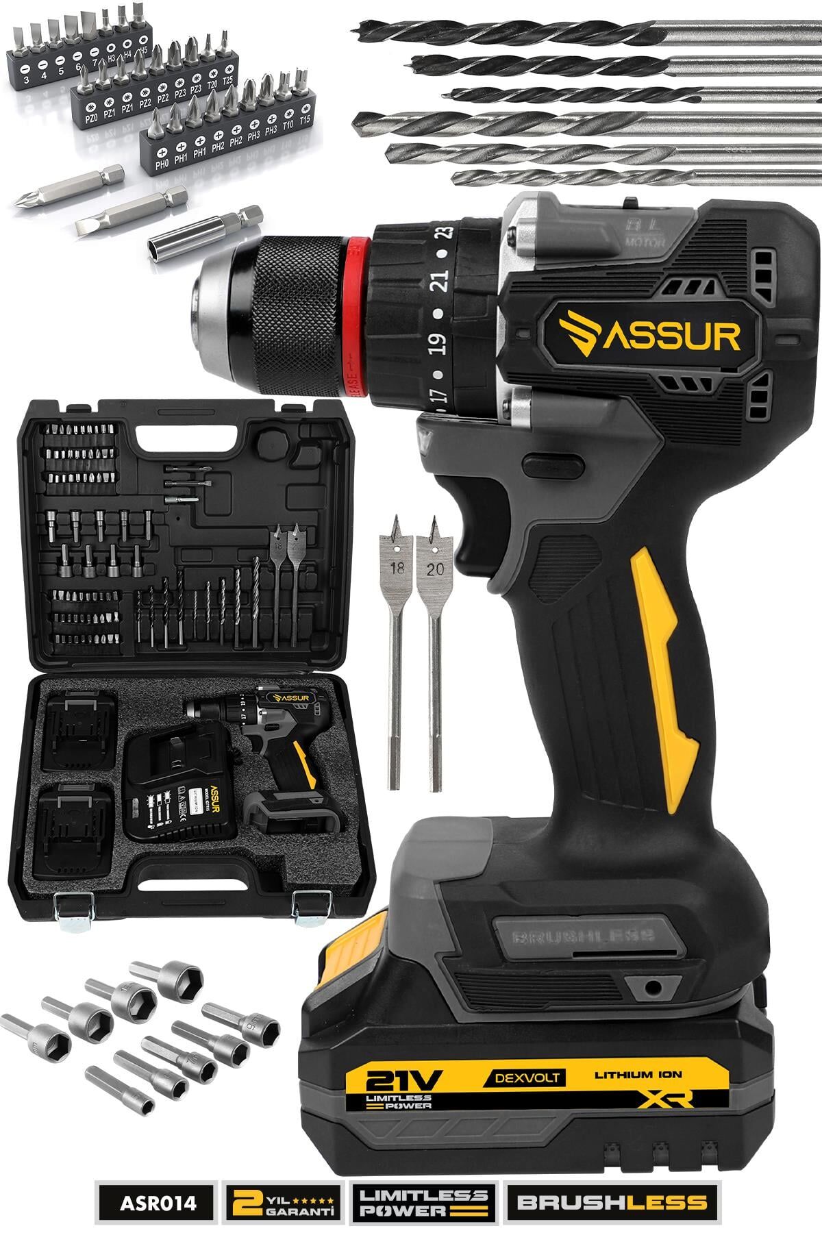 Assur 21V Şarjlı Matkap Kömürsüz Çelik Mandren Darbeli Akülü Vidalama