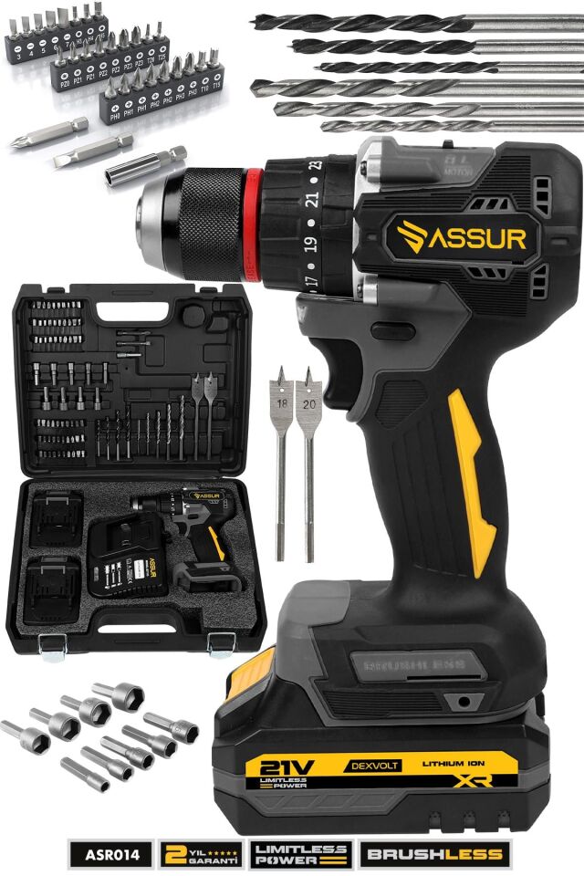 Assur 21V Şarjlı Matkap Kömürsüz Çelik Mandren Darbeli Akülü Vidalama