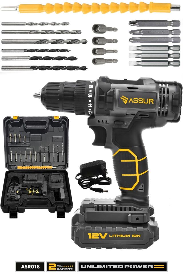 Assur 12V Çift Akülü Metal Şanzıman Bakır Sargı Akülü Vidalama Şarjlı Matkap