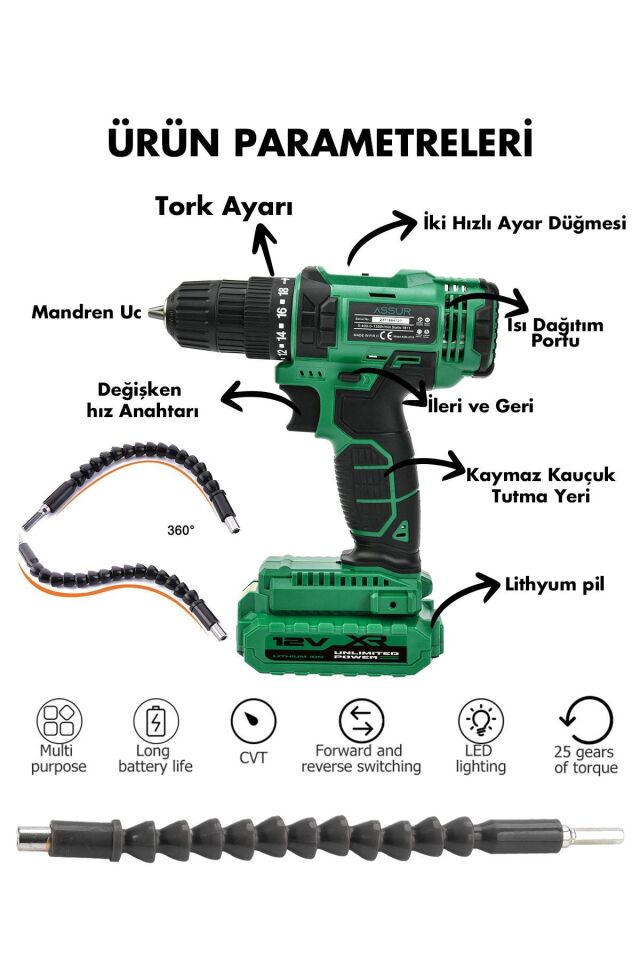 Assur 12V Çift Akülü Bakır Sargı Metal Şanzıman Şarjlı Matkap Akülü Vidalama