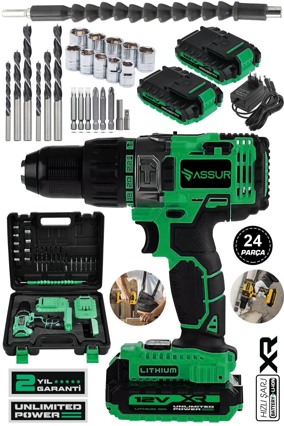 Assur 12V Çift Akülü Bakır Sargı Metal Şanzıman Şarjlı Matkap Akülü Vidalama