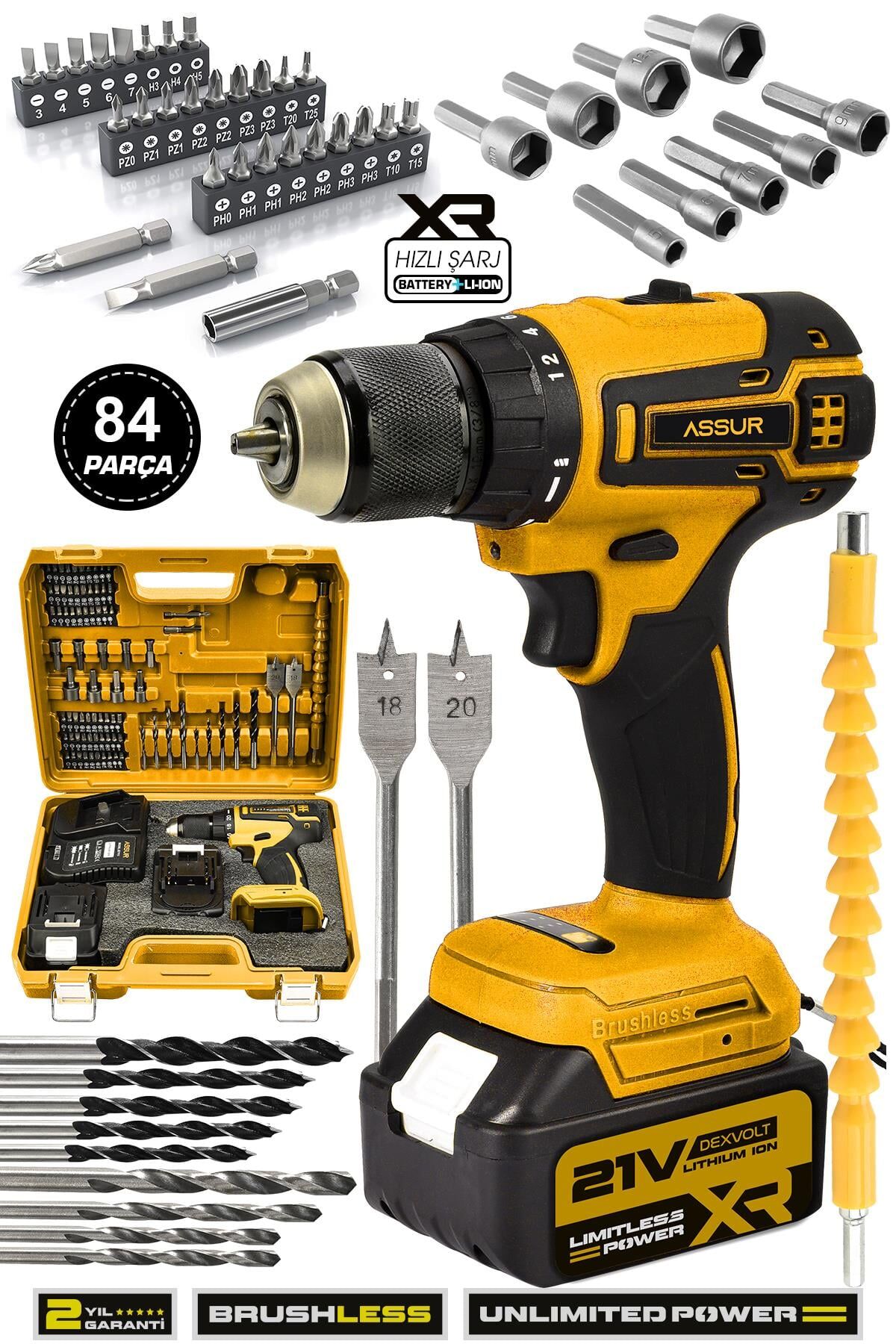 Assur 21V Çift Akü Kömürsüz Motor Şarjlı Matkap Akülü Vidalama