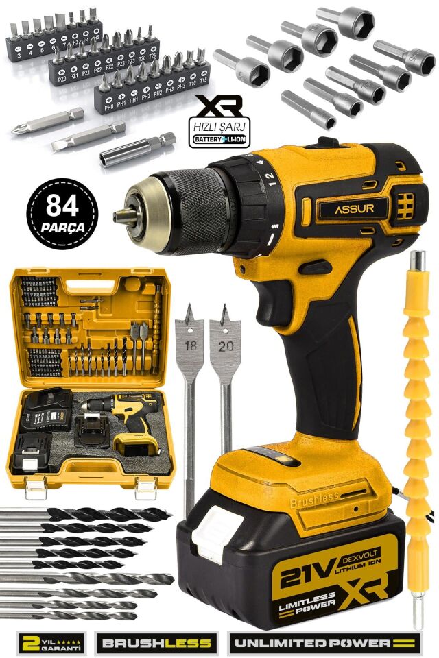Assur 21V Çift Akü Kömürsüz Motor Şarjlı Matkap Akülü Vidalama