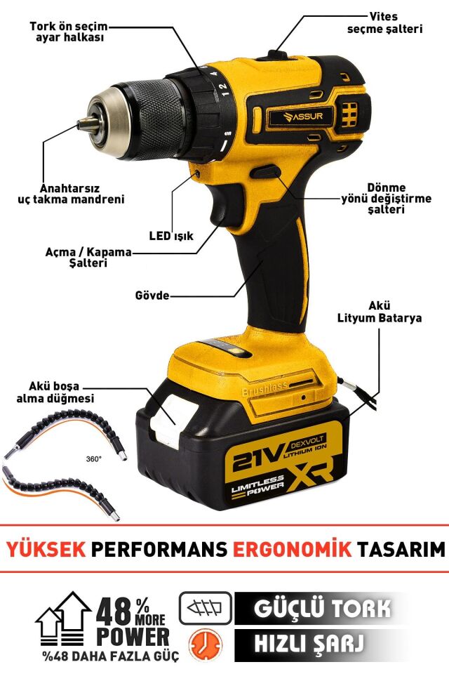 Assur 21V Çift Akü Kömürsüz Motor Şarjlı Matkap Akülü Vidalama