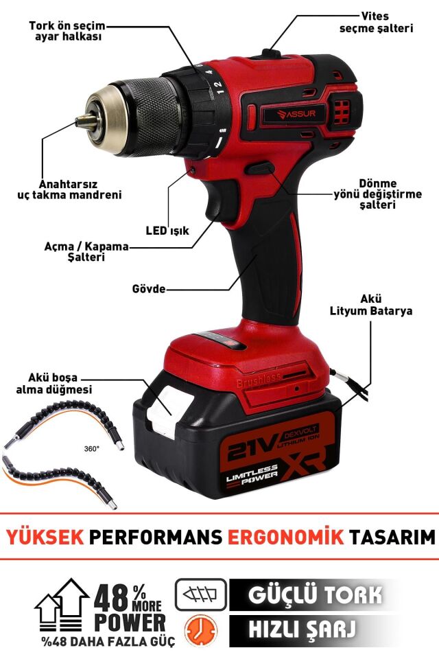 Assur 21V Çift Akülü Şarjlı Matkap Kömürsüz Motor Akülü Vidalama
