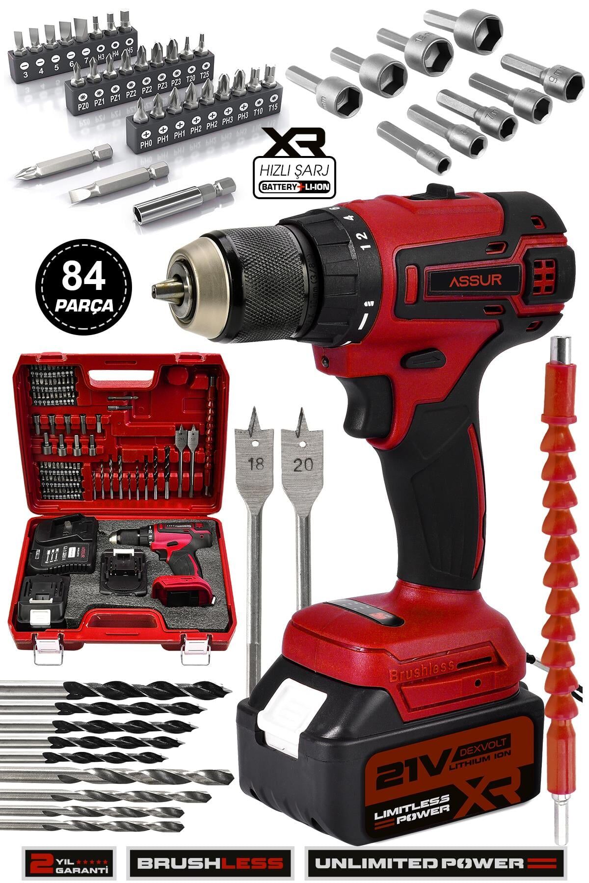 Assur 21V Çift Akülü Şarjlı Matkap Kömürsüz Motor Akülü Vidalama