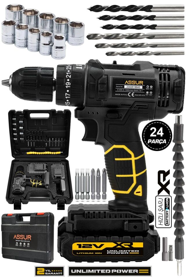 Assur 12V Çift Akülü Metal Şanzıman Şarjlı Darbeli Matkap Akülü Vidalama