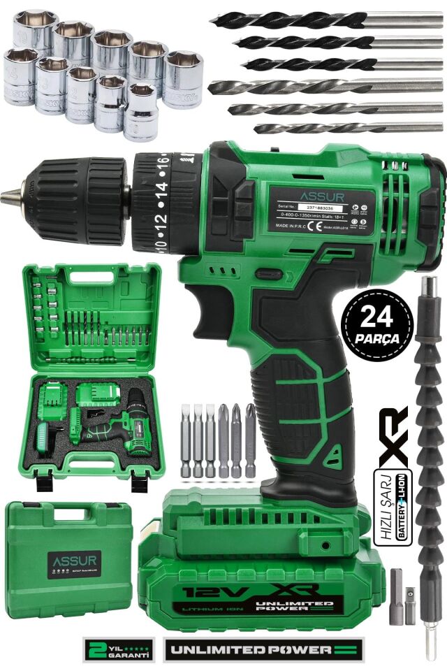 Assur 12V Metal Şanzıman Çift Akülü Şarjlı Darbeli Matkap Akülü Vidalama