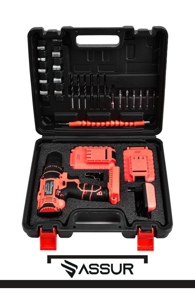 Assur 12V Çift Akülü Vidalama Metal Şanzıman Şarjlı Darbeli Matkap