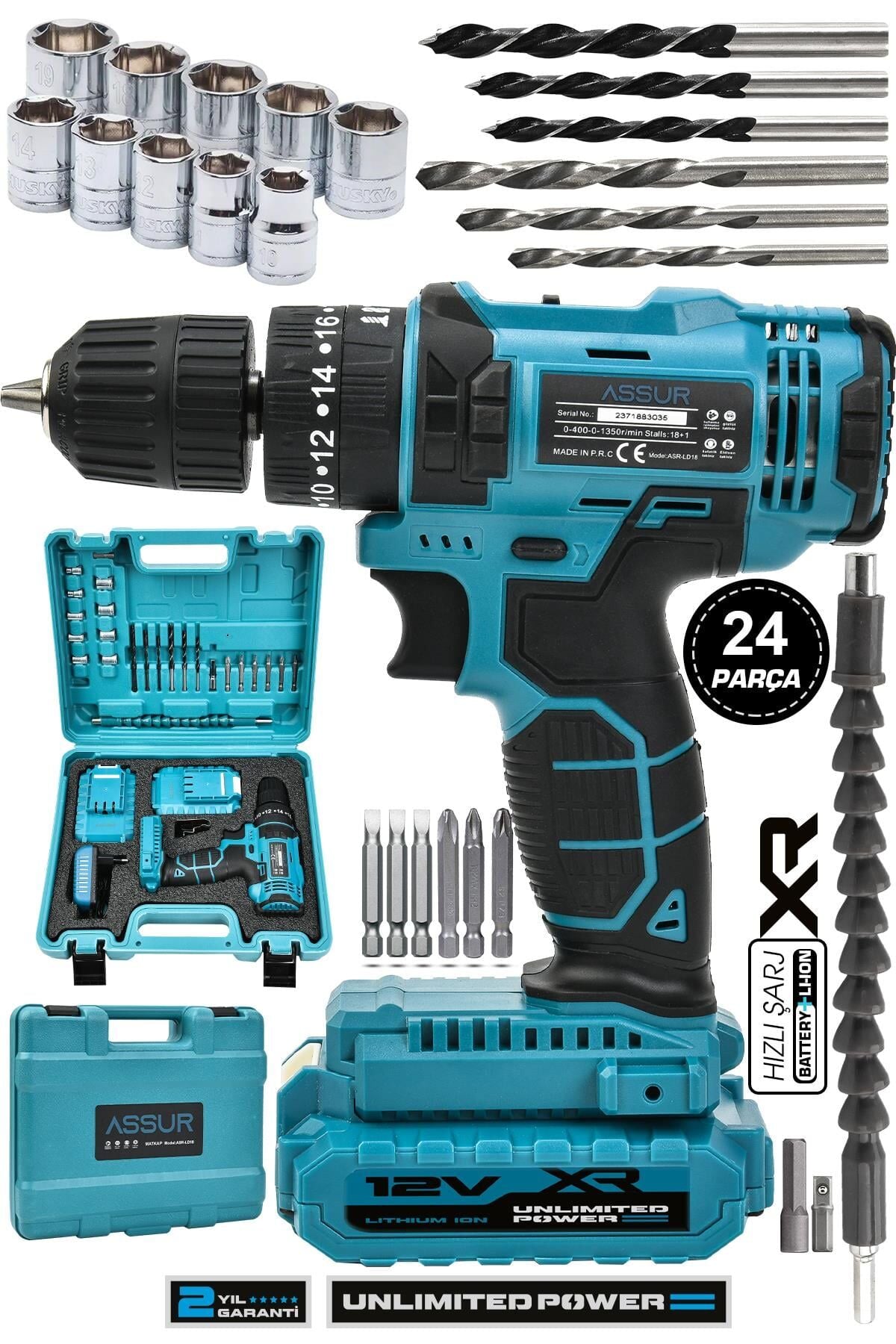 Assur 12V Çift Akülü Vidalama Metal Şanzıman Şarjlı Darbeli Matkap