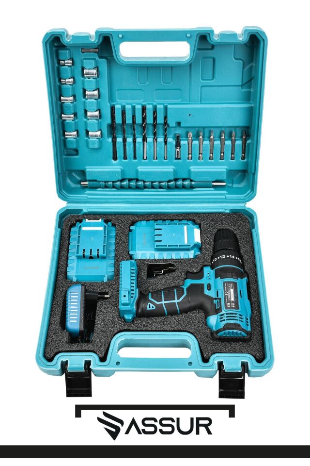 Assur 12V Çift Akülü Vidalama Metal Şanzıman Şarjlı Darbeli Matkap
