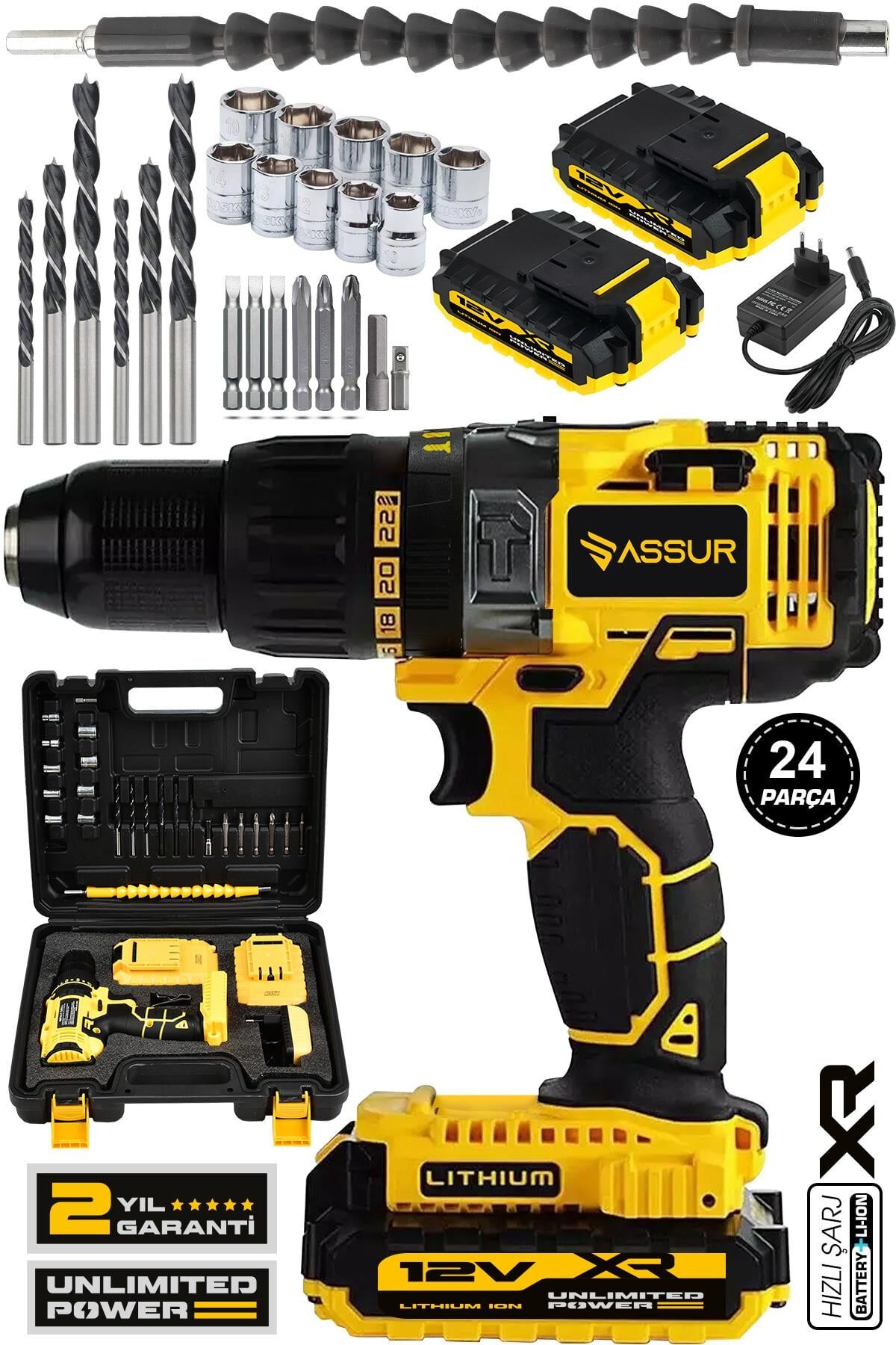 Assur 12V Çift Akülü Metal Şanzıman Şarjlı Darbeli Matkap Akülü Vidalama