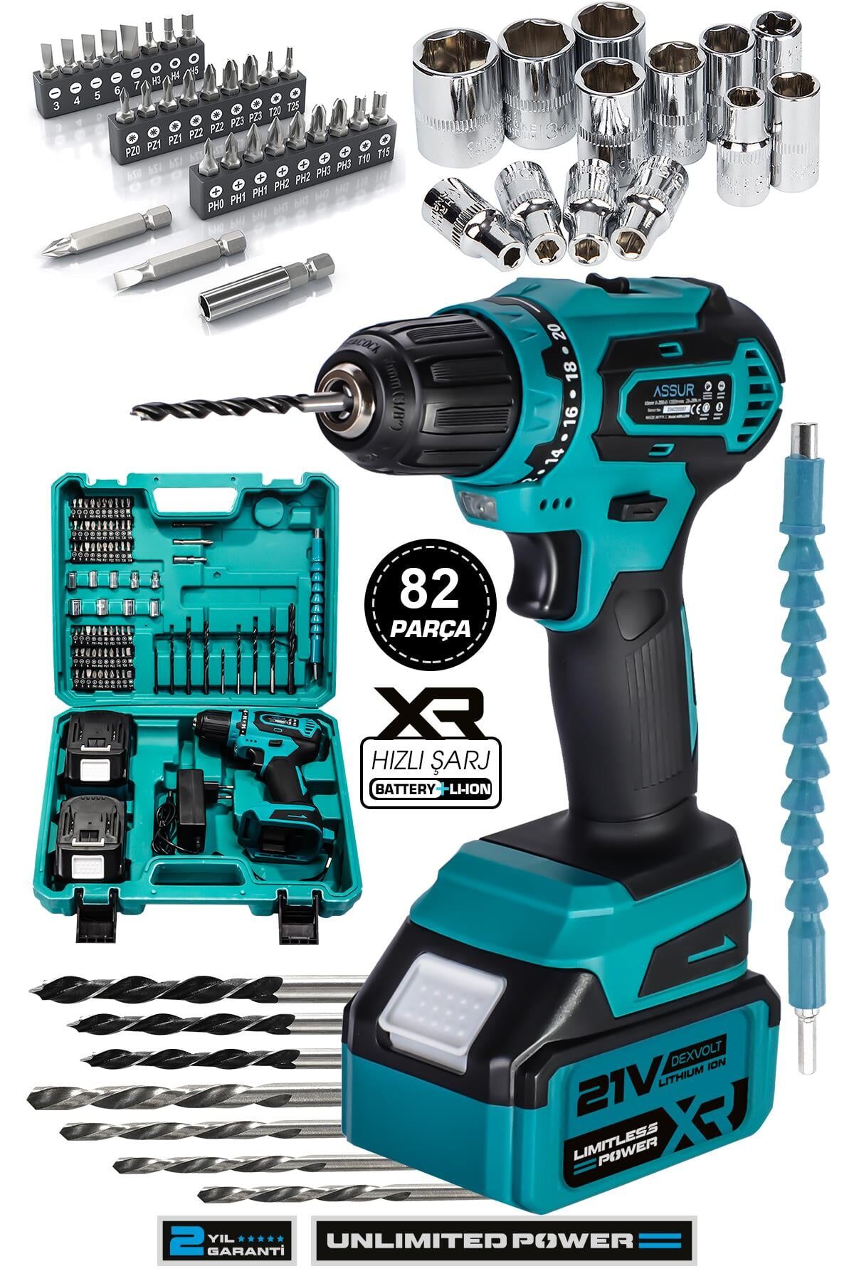 Assur 21V Çift Akülü Vidalama Çelik Şanzıman Bakır Sargılı Şarjlı Matkap