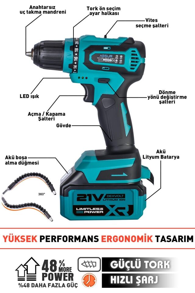 Assur 21V Çift Akülü Vidalama Çelik Şanzıman Bakır Sargılı Şarjlı Matkap