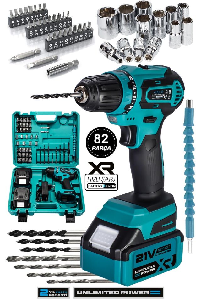 Assur 21V Çift Akü Şarjlı Matkap Çelik Şanzıman Bakır Sargılı Akülü Vidalama