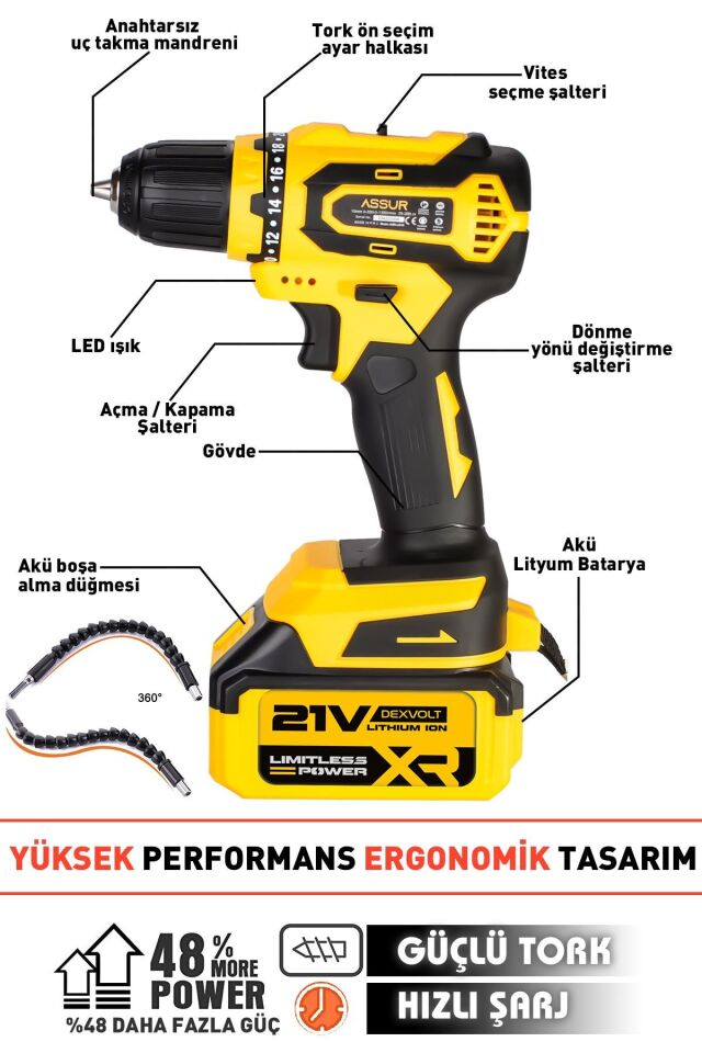 Assur 21V Çift Akü Şarjlı Matkap Çelik Şanzıman Bakır Sargılı Akülü Vidalama