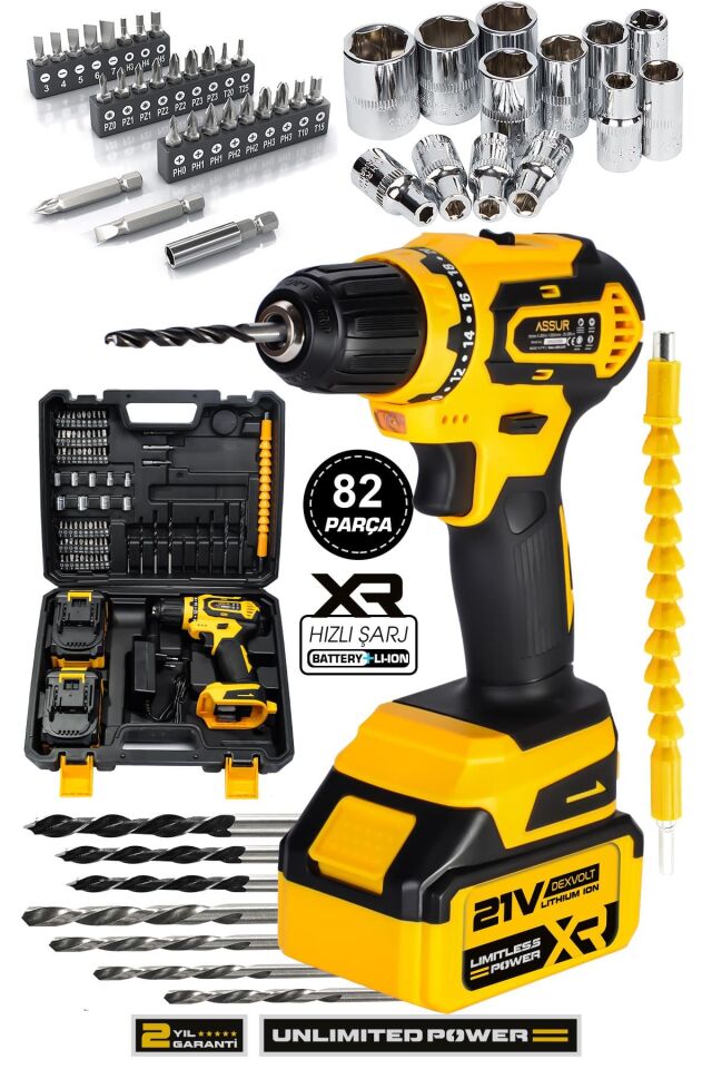 Assur 21V Çift Akü Şarjlı Matkap Çelik Şanzıman Bakır Sargılı Akülü Vidalama