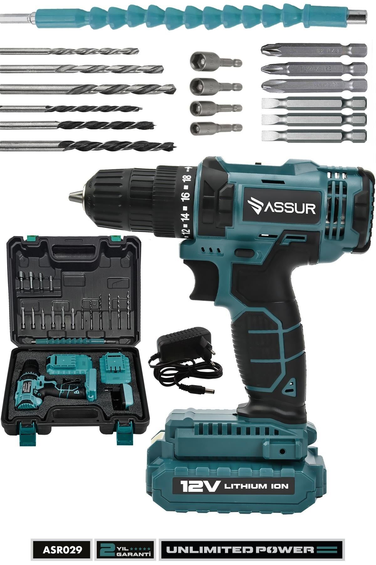 Assur 12V Çift Akülü Metal Şanzıman Bakır Sargı Şarjlı Matkap Akülü Vidalama