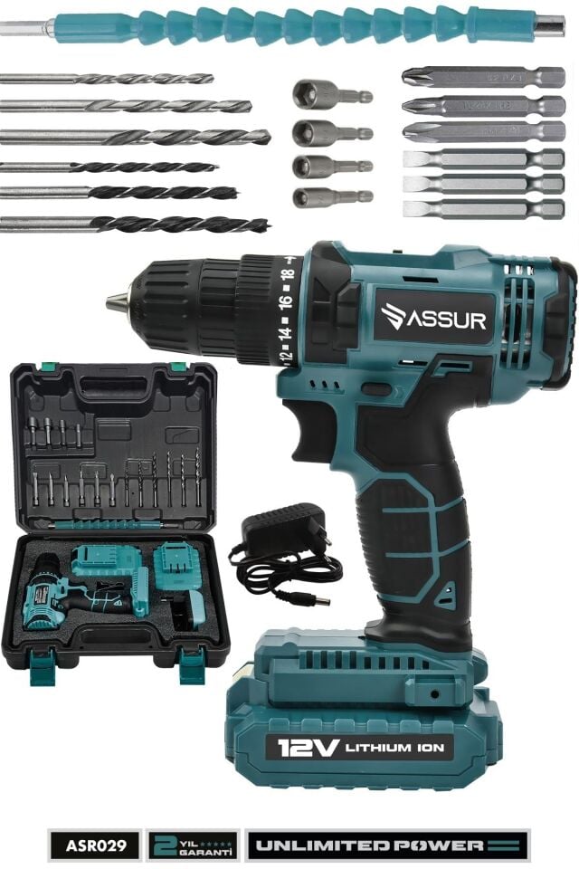Assur 12V Çift Akülü Metal Şanzıman Bakır Sargı Şarjlı Matkap Akülü Vidalama