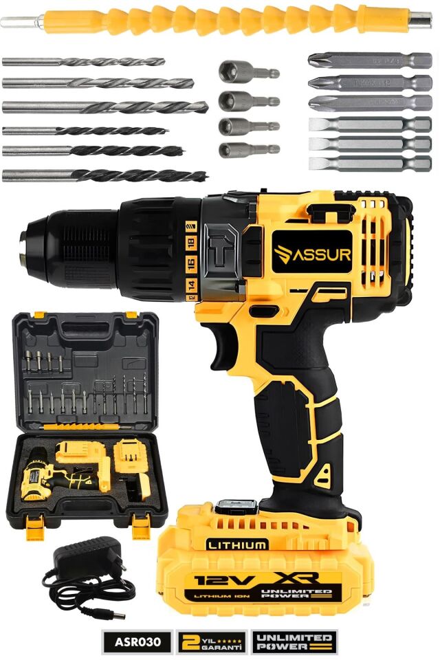 Assur 12V Metal Şanzıman Çift Akülü Bakır Sargı Şarjlı Matkap Akülü Vidalama