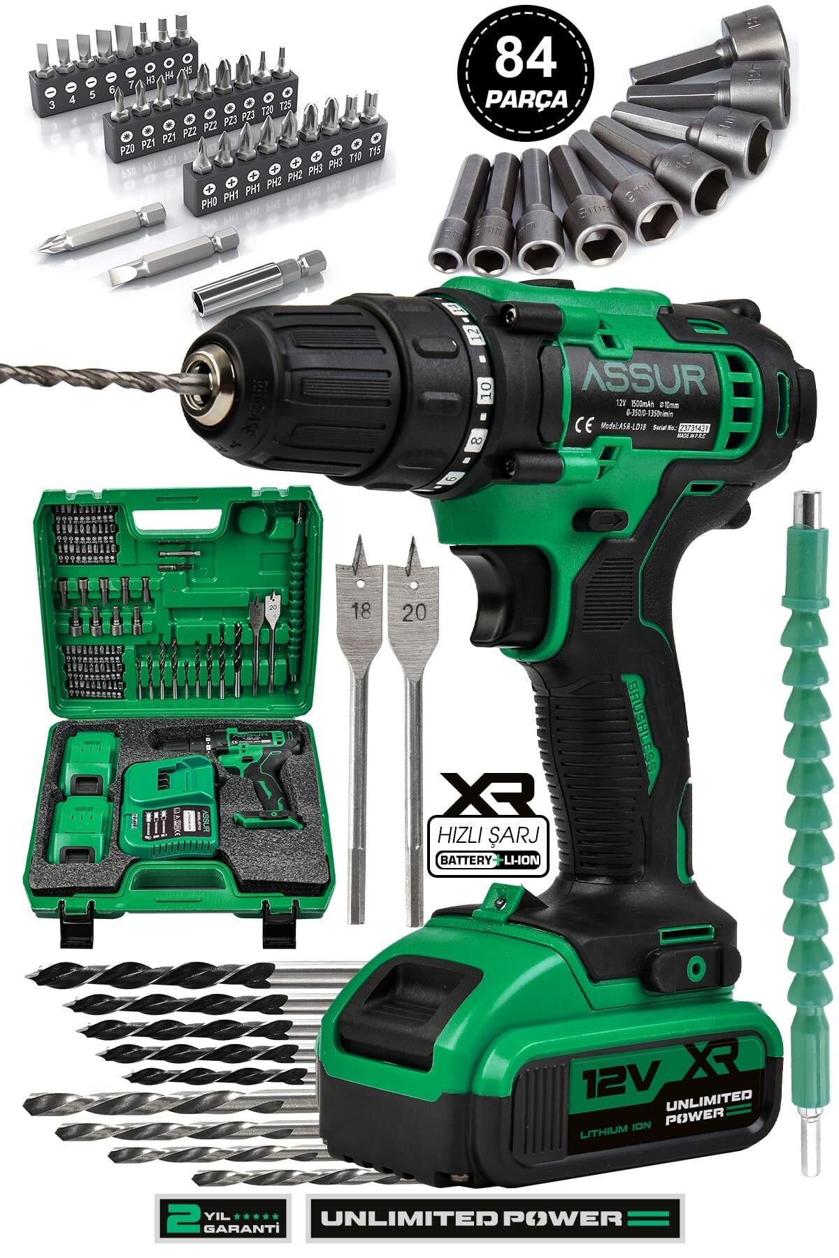 Assur 12V Çift Akülü 84 Parça Şarjlı Matkap Akülü Vidalama