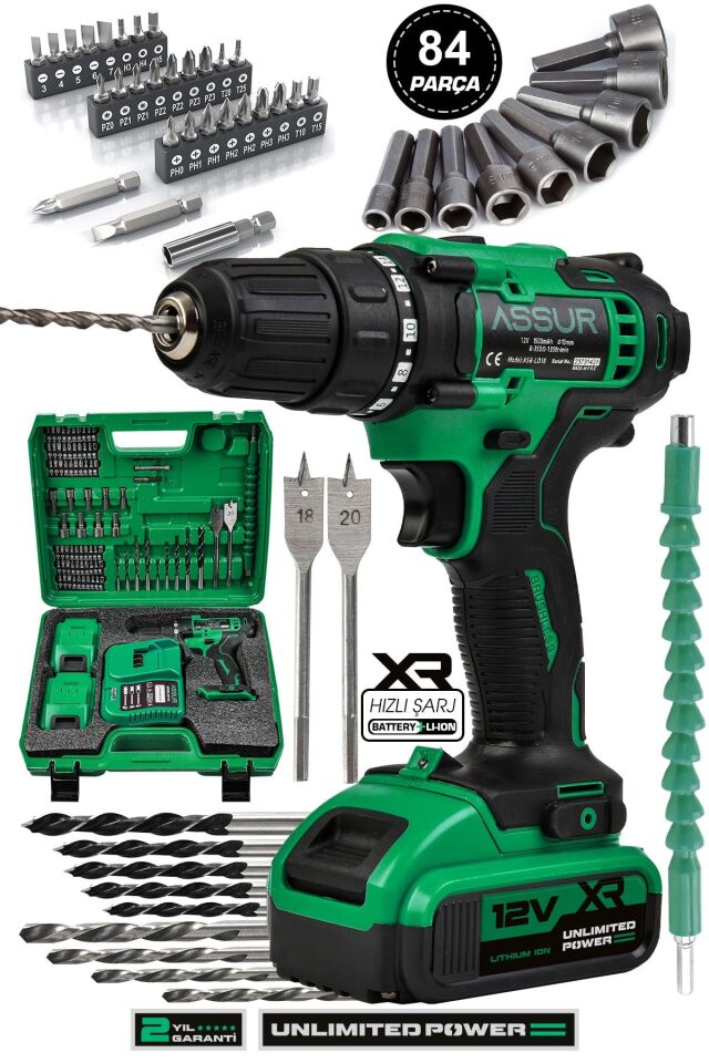 Assur 12V Çift Akülü 84 Parça Şarjlı Matkap Akülü Vidalama