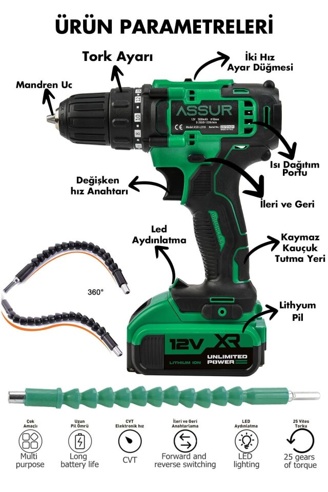 Assur 12V Çift Akülü 84 Parça Şarjlı Matkap Akülü Vidalama
