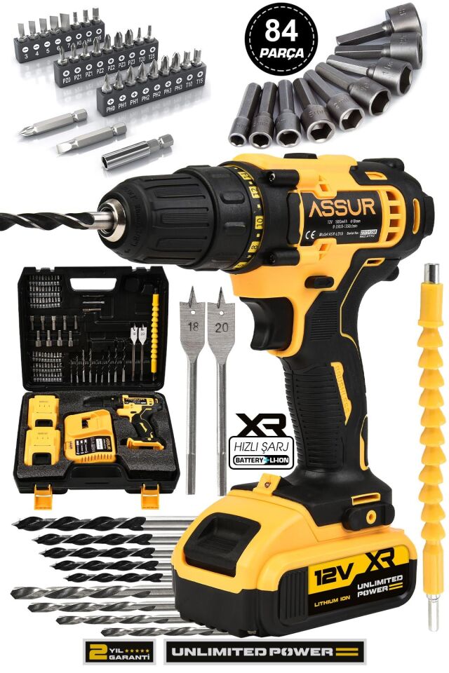 Assur 12V Çift Akülü 84 Parça Şarjlı Matkap Akülü Vidalama