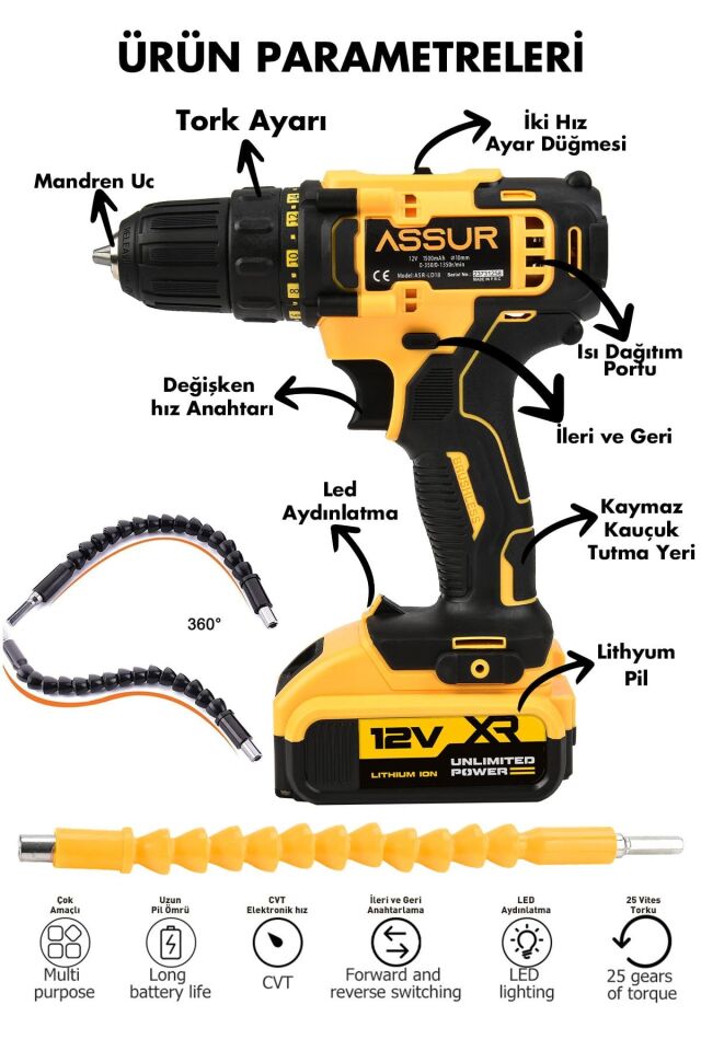 Assur 12V Çift Akülü 84 Parça Şarjlı Matkap Akülü Vidalama