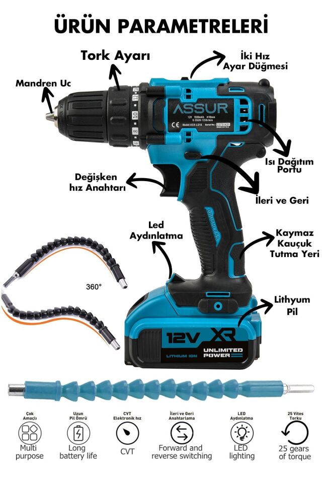 Assur 12V Çift Akülü 84 Parça Şarjlı Matkap Akülü Vidalama