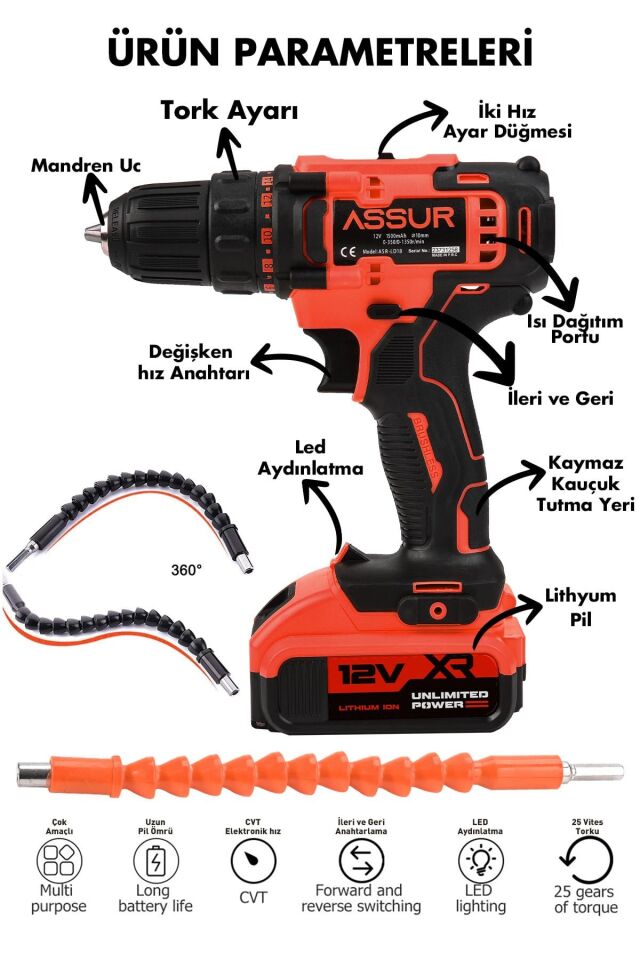 Assur 12V Çift Akülü Şarjlı Matkap Akülü Vidalama