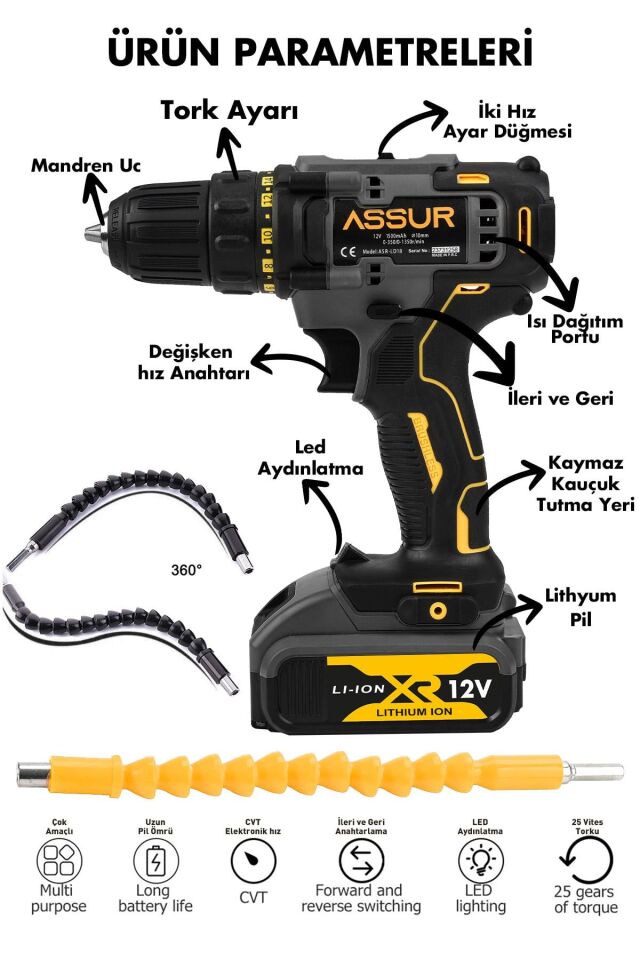 Assur 12V Çift Akülü Şarjlı Matkap Akülü Vidalama