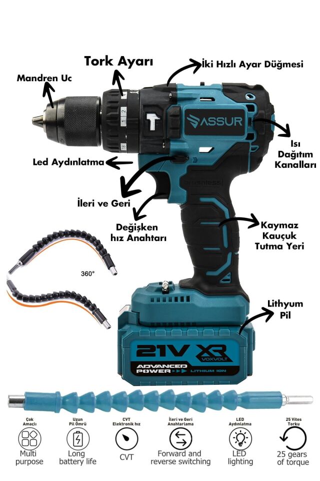 Assur 21V Çift Akülü Vidalama Darbeli Matkap
