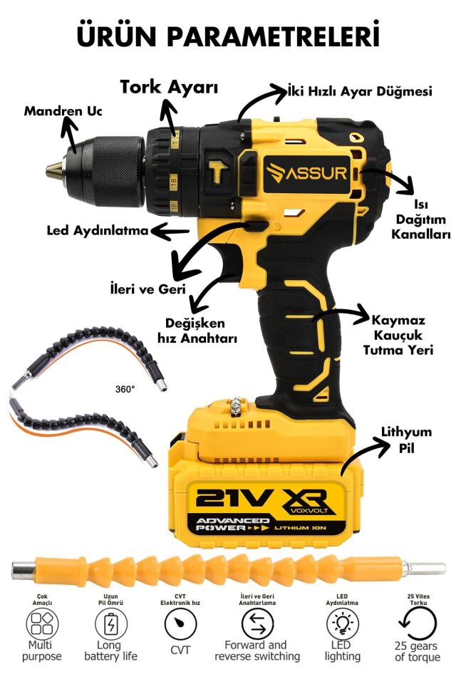Assur 21V Çift Akülü Vidalama Darbeli Matkap
